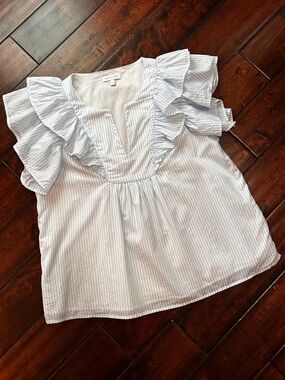 Crown & Ivy - Light Blue Striped Ruffle Sleeve Blouse